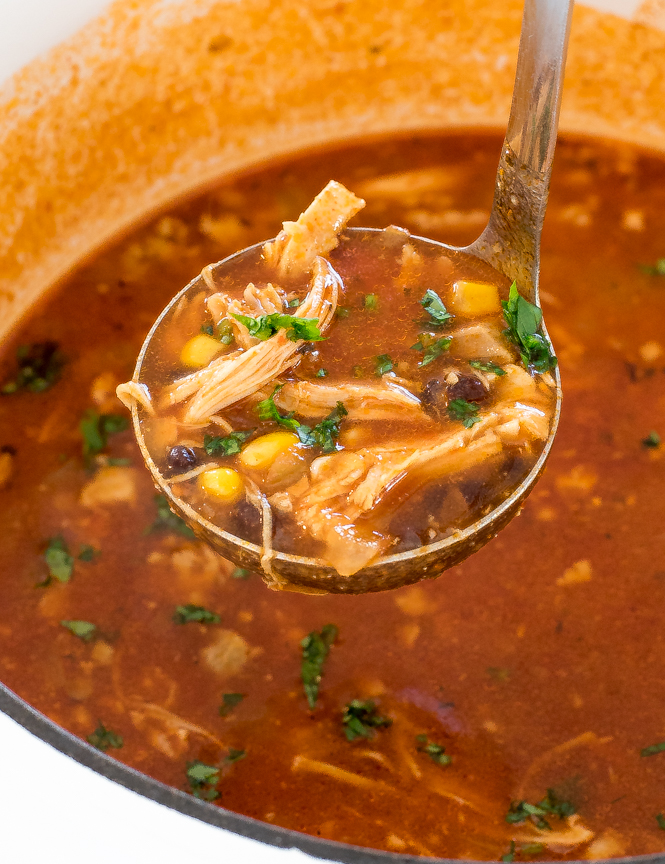 Easy 20 Minute Chicken Tortilla Soup Chicken Tortilla Soup in pot topped with fresh cilantro
