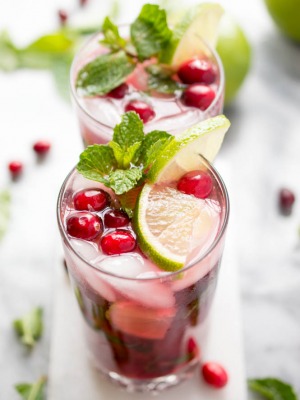 Two festive holiday cranberry pomegranate mojitos garnished with lime wedges, mint, and fresh cranberries | chefsavvy.com