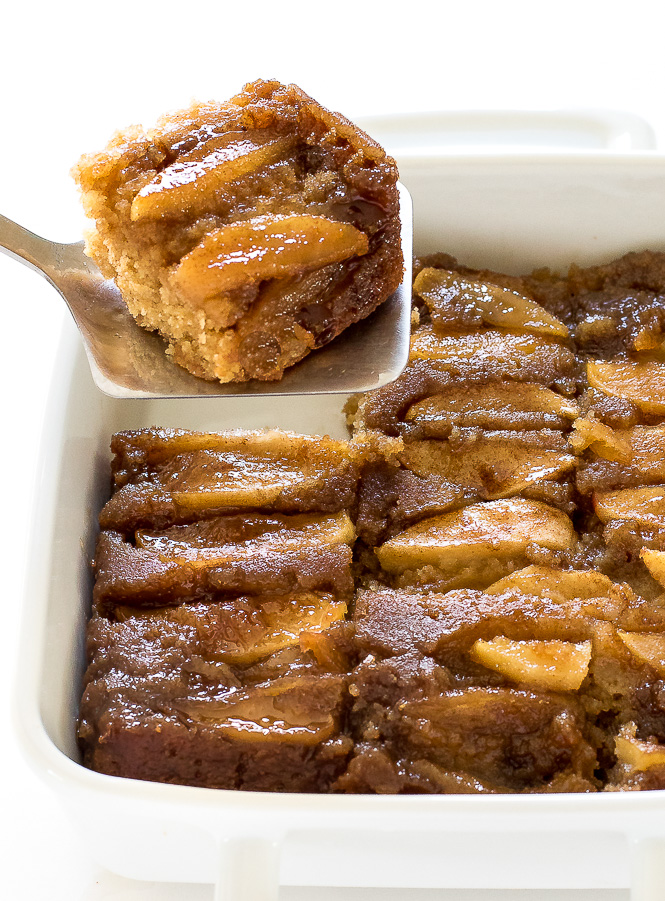 picture of apple upside down cake in white casserole dish