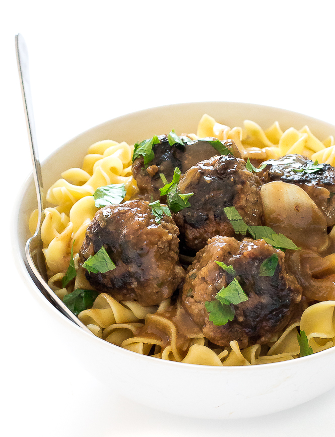 Salisbury Beef Meatballs | chefsavvy.com Salisbury Beef Meatballs on top of egg noodles