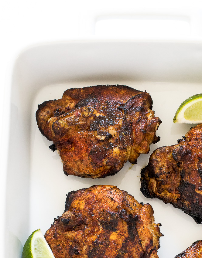 Bone in juicy Grilled Tandoori Chicken  top down view close up