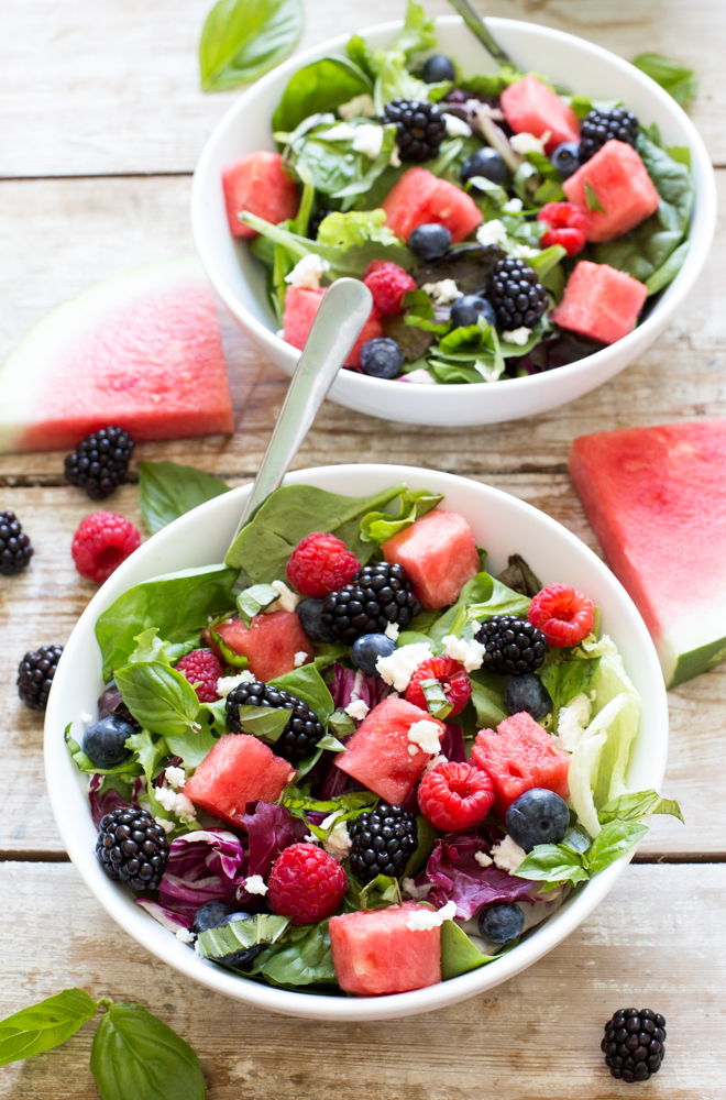 Watermelon feta salads in white bowls