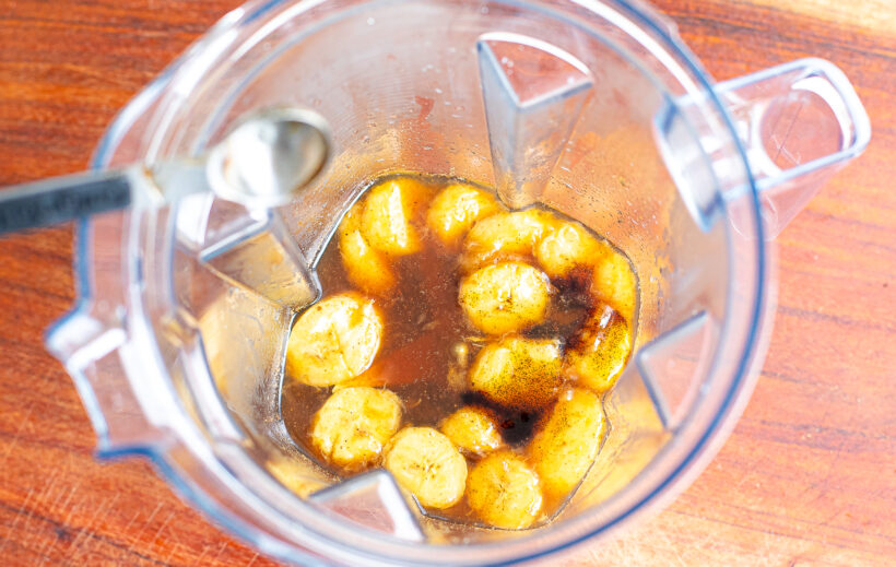 Unblended banana bread syrup in a blender.