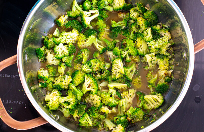 adding broccoli florets to broth