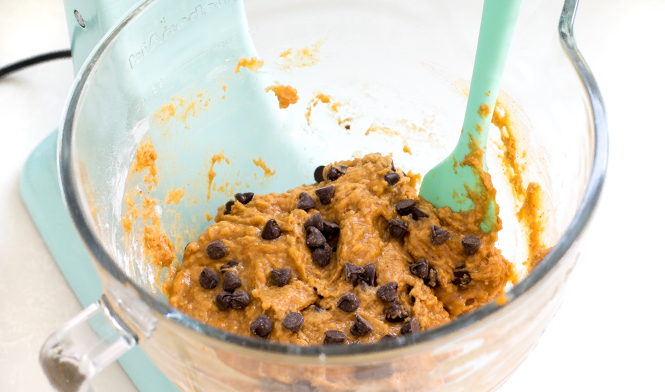 Pumpkin Chocolate Chip Cookie Batter in stand mixer