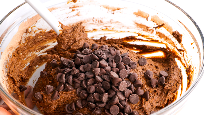 folding chocolate chips into chocolate pumpkin batter