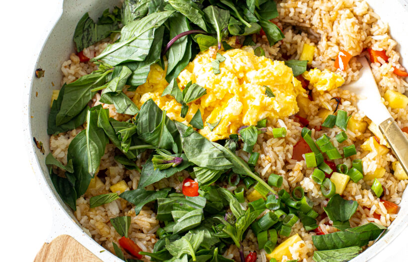 Thai Fried Rice Ingredients in a white skillet.