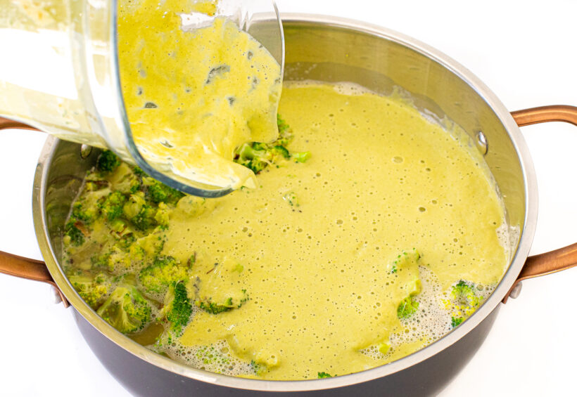 adding thickened vegetable mixture to soup 