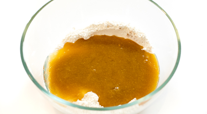 wet and dry ingredients in mixing bowl