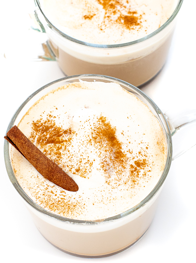 aerial shot of Homemade Pumpkin Spiced Latte in clear coffee mugs