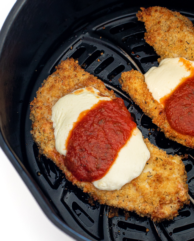 Chicken parmesan with cheese and tomato sauce in the air fryer. 