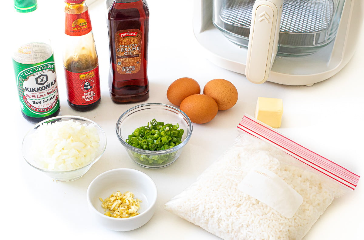 ingredients for air fryer fried rice on counter