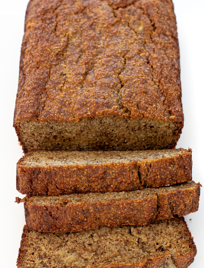 Banana bread loaf with slices.