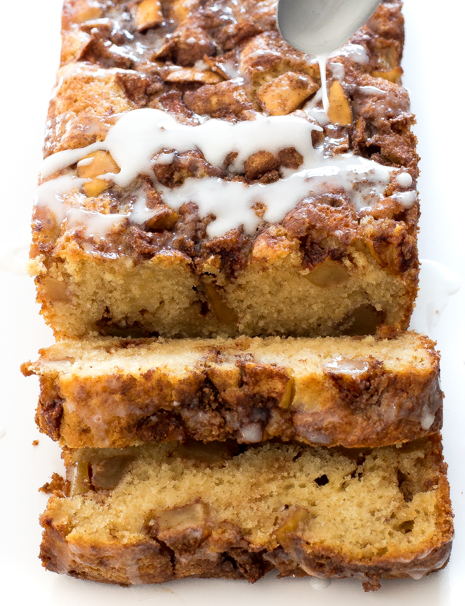 Drizzling apple loaf with vanilla glaze