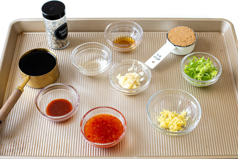 ingredients for asian marinade on sheet tray