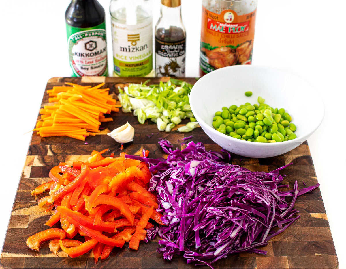 ingredients for asian pasta salad on cutting board