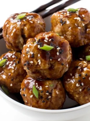 Asian turkey meatballs in white container