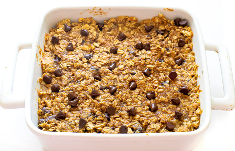 Banana oat bars in a baking dish after being baked.