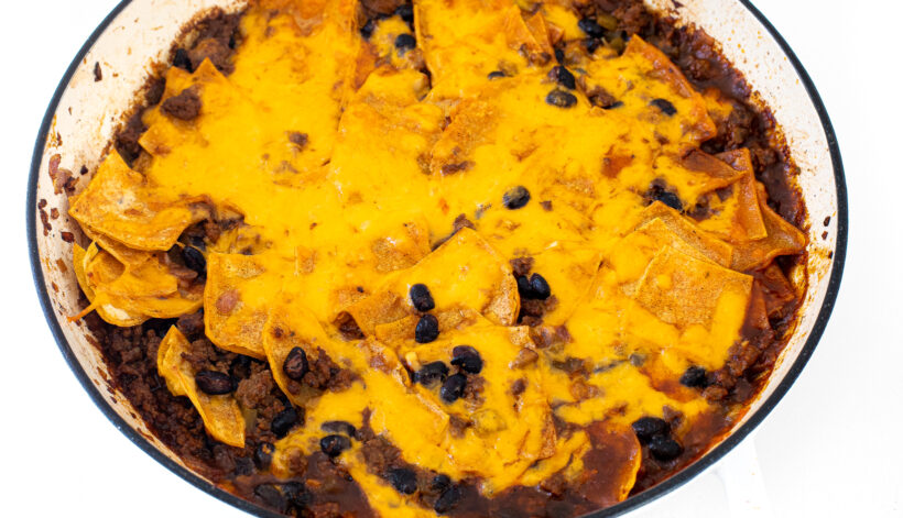 Beef enchilada skillet after being baked. 