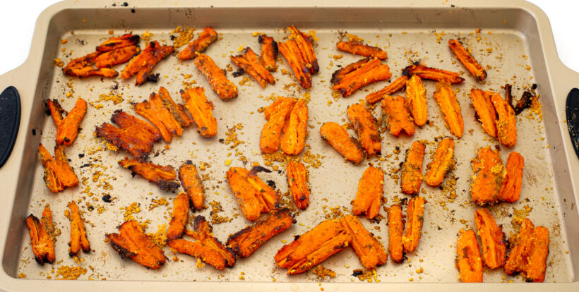 Ranch carrots after being baked and still on the baking sheet.