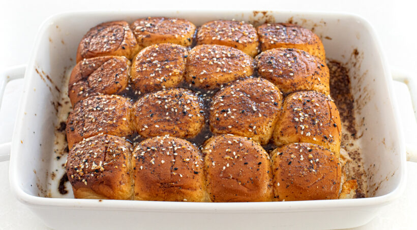 Turkey Cheese sliders after being baked and still in the baking dish.