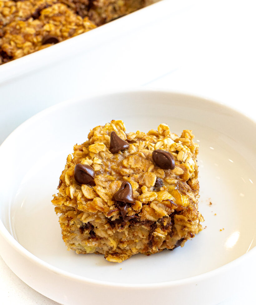 Banana oat bar served on a white plate.