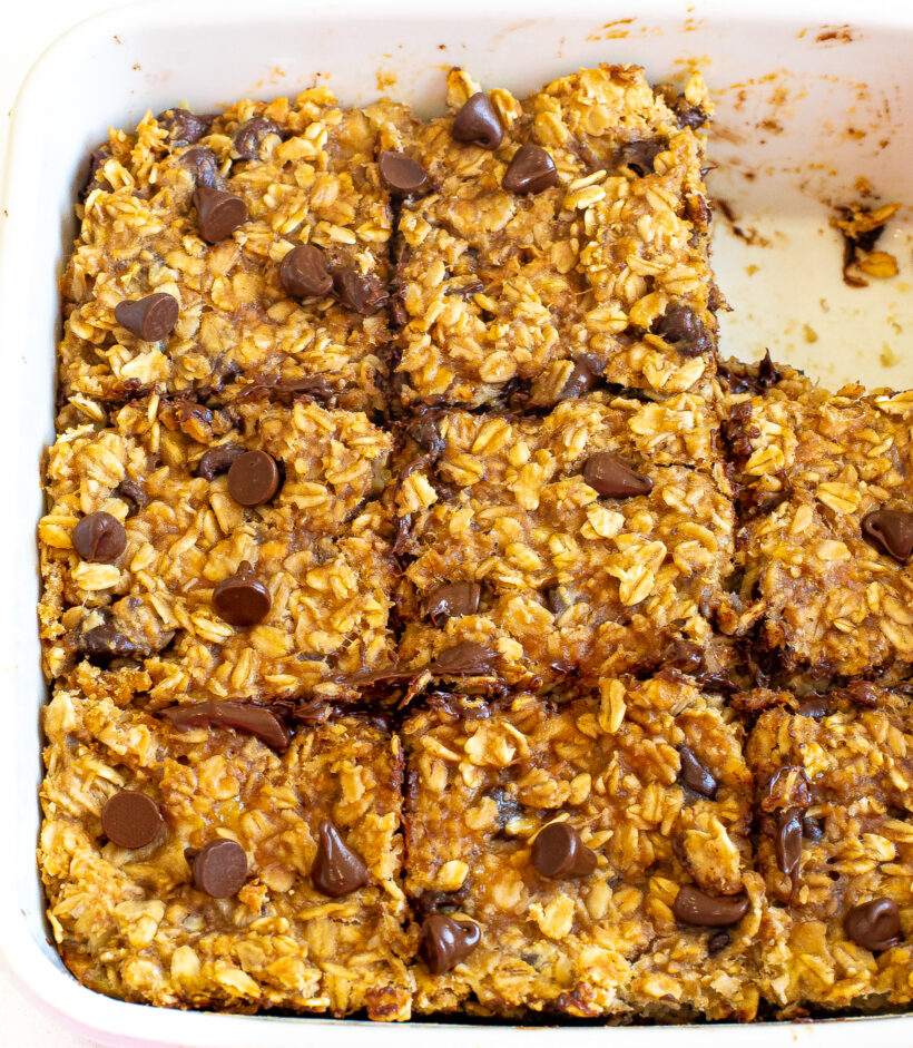 Banana oat bars in a baking dish.