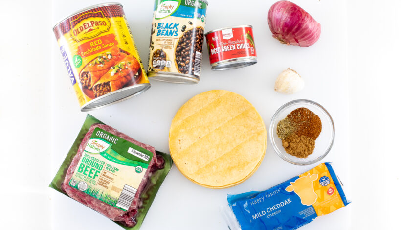 Ingredients needed for beef enchilada skillet recipe.