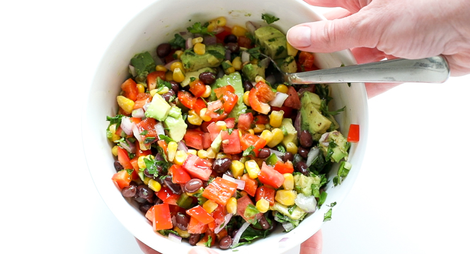 salsa mixed together in white bowl