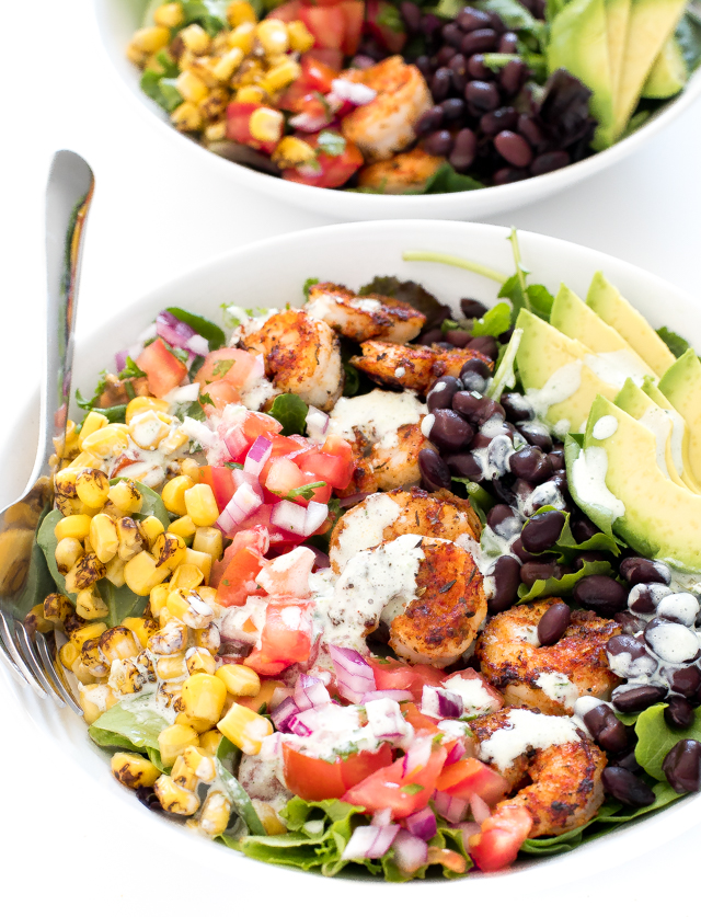 avocado shrimp salad drizzled with honey jalapeño dressing