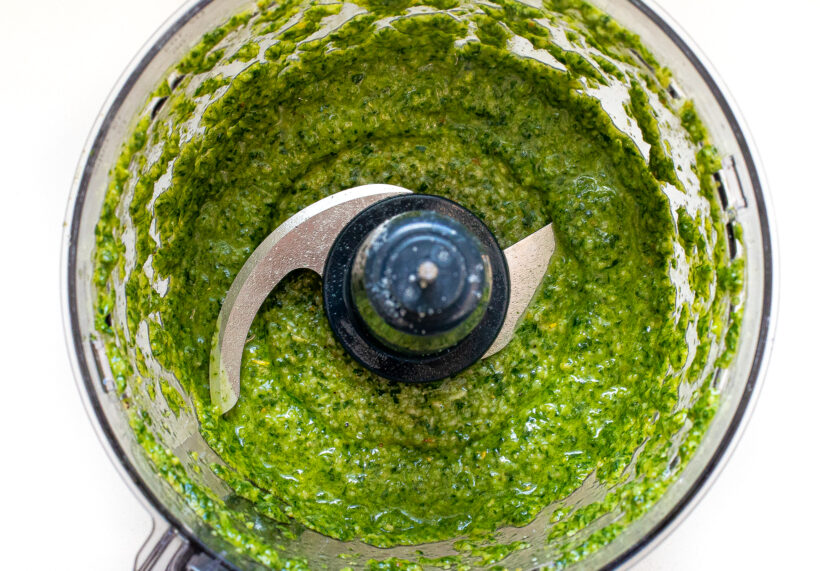 Pesto blended in a food processor.