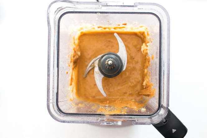 overhead shot of peanut butter muffin batter in a blender