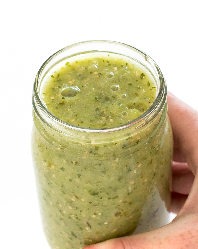 Easy Blender Salsa Verde Recipe in clear mason jar