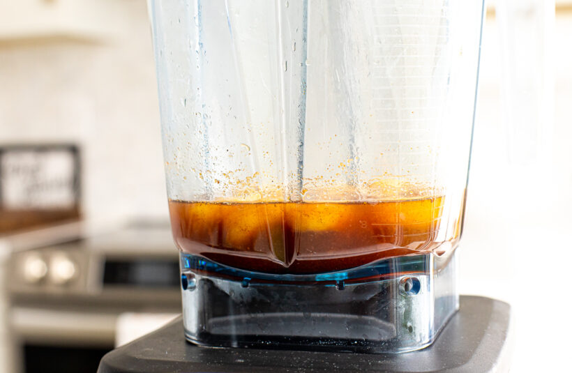 Unblended banana bread syrup in a blender.