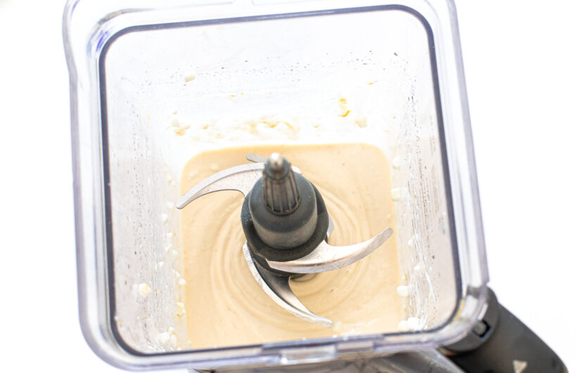 Ingredients for cottage cheese bark in a blender after being blended.