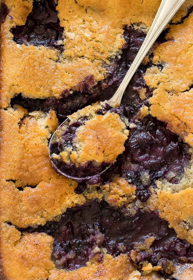 Easy Blueberry Cobbler | chefsavvy.com shot of easy blueberry cobbler in baking dish
