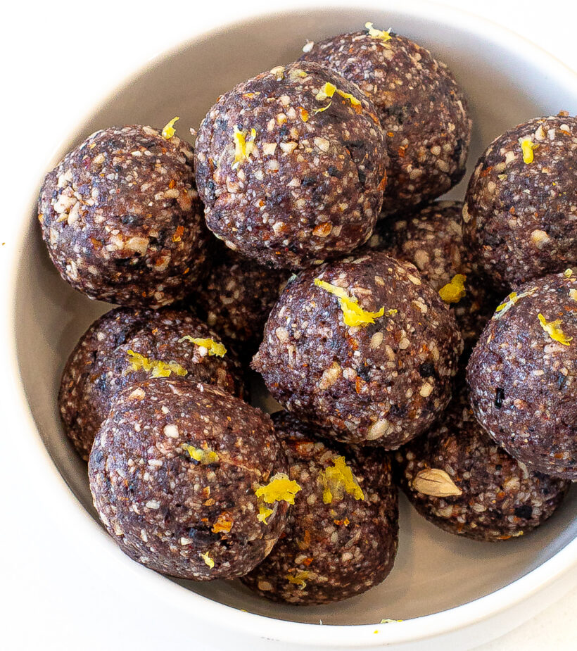 Blueberry energy bites in a bowl. 
