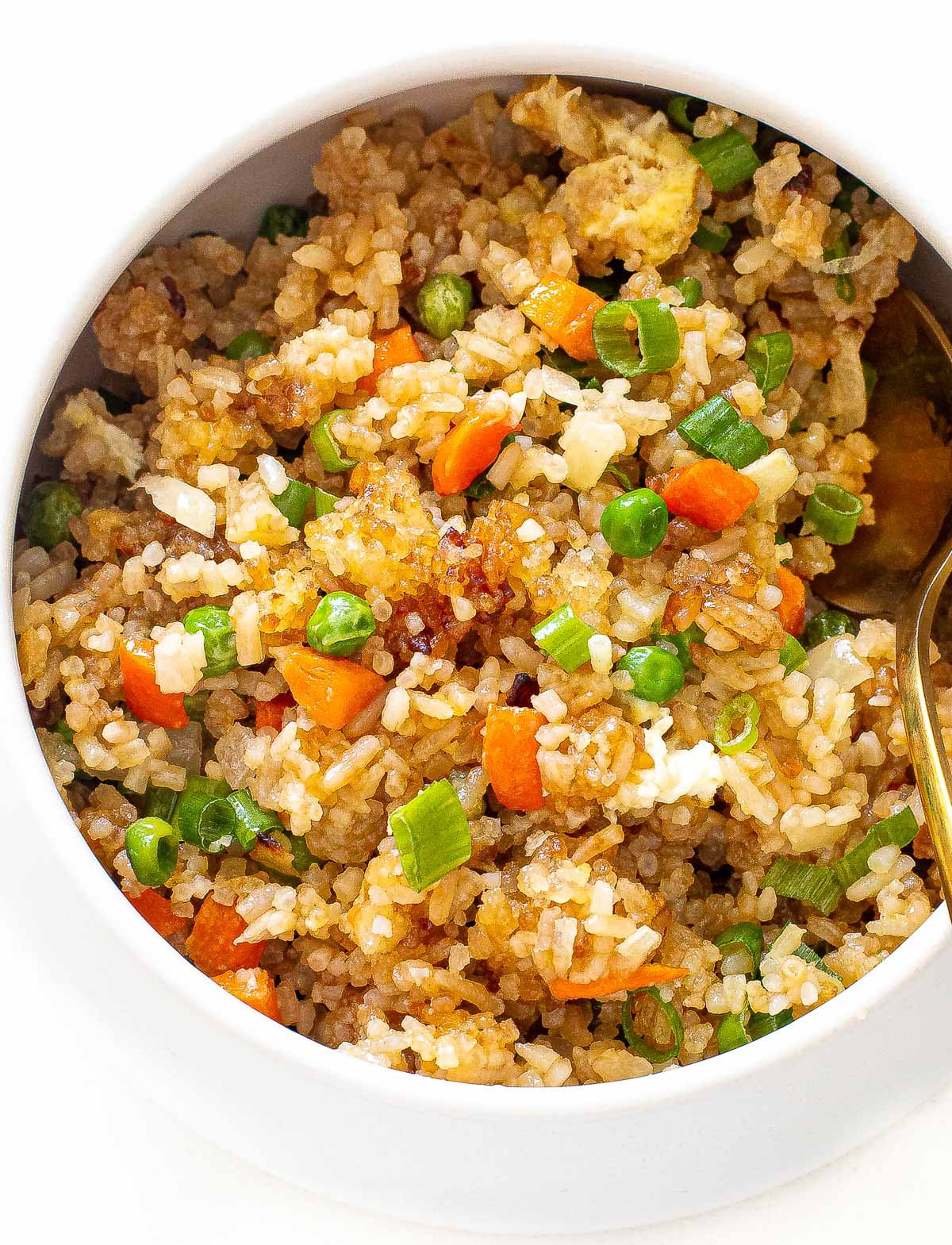 air fryer fried rice in white bowl topped with green onions