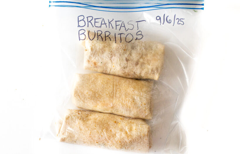 Breakfast burritos in a freezer bag.