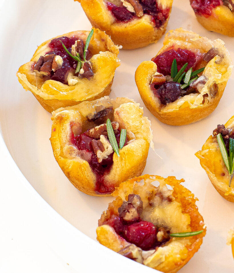 Close up shot of brie bites on a white plate. 