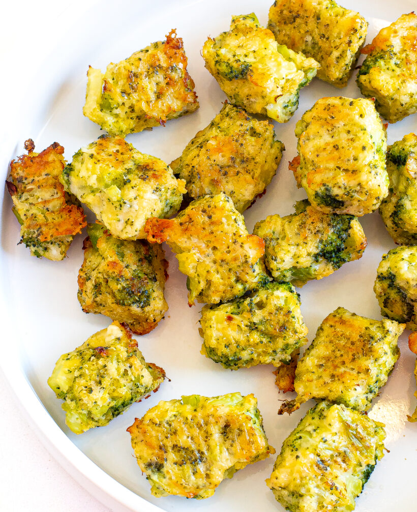 Broccoli cheddar tots served in a white plate. 