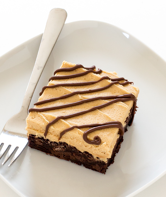 Soft and chewy Brownies with Peanut Butter Frosting