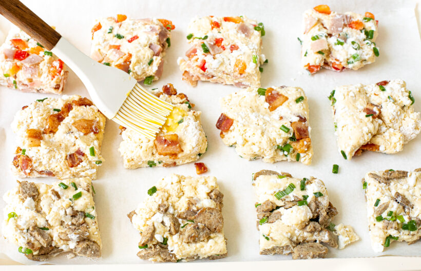 Breakfast biscuits brushed with egg wash.