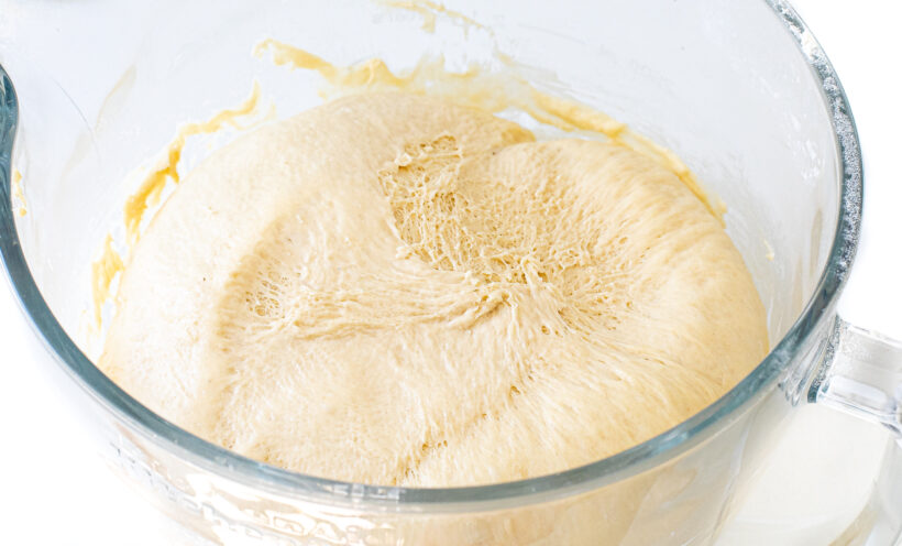 dough doubled in size in glass stand mixer bowl