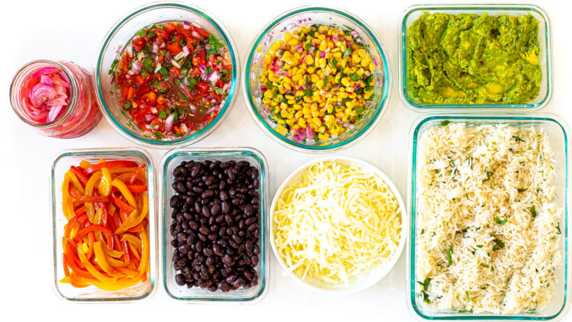 Ingredients for carnitas burrito bowl.