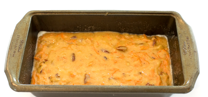 carrot cake loaf batter in tin