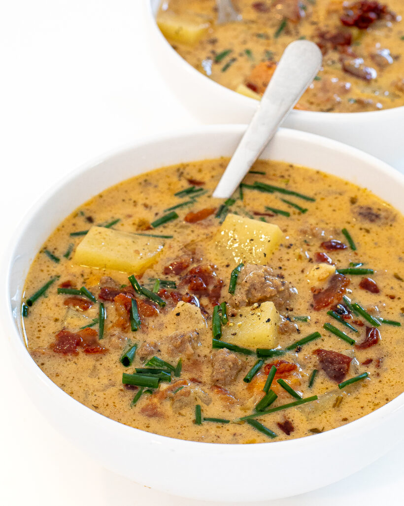 Large bowl of cheeseburger soup.