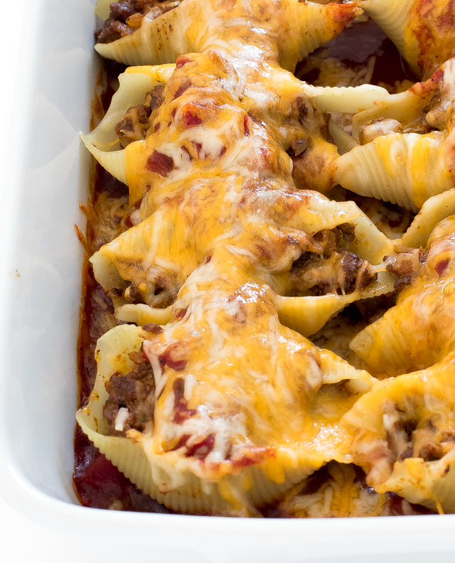 Mexican Stuffed Shells in white baking dish