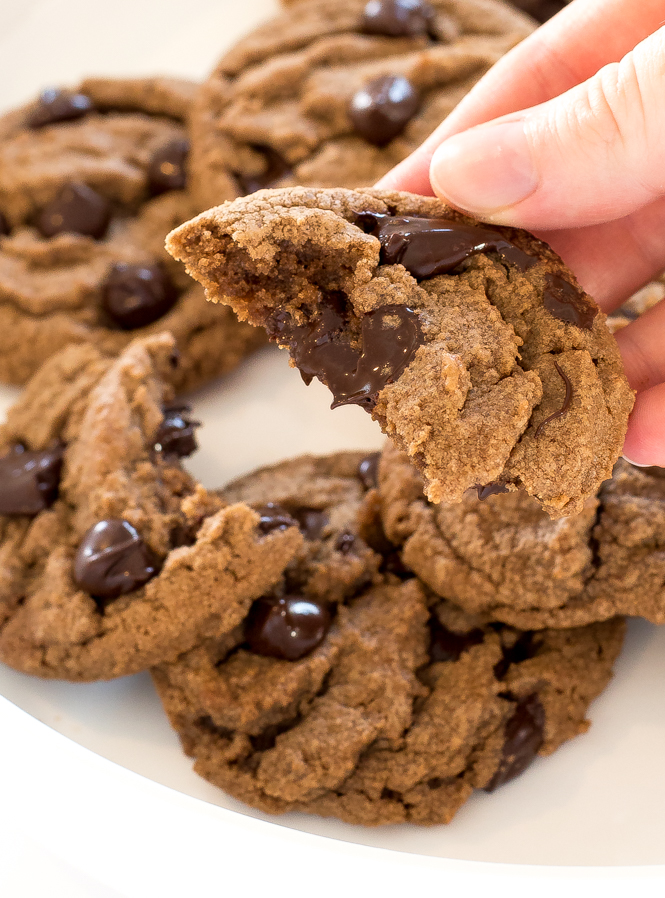 Nutella Chocolate Chip Cookies with a bite taken out of them 