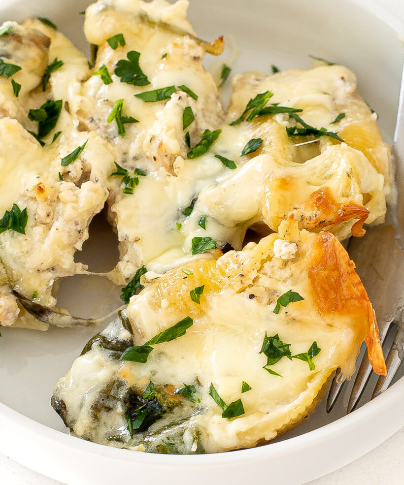 Alfredo stuffed shells served in a white bowl. 